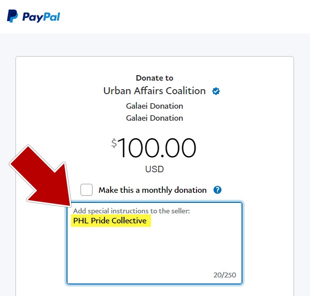 Screenshot of PayPal donation form with "PHL Pride Collective" in the special instructions